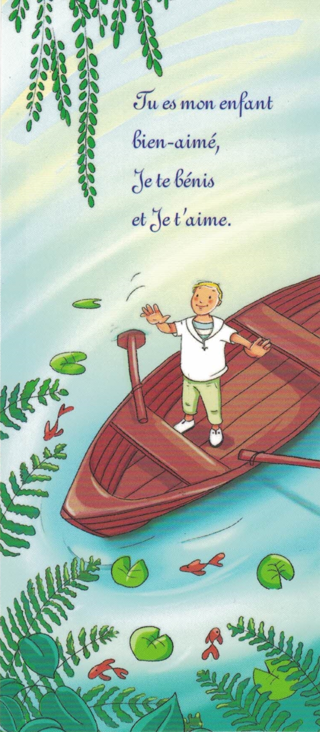 image de communion, jeune garçon dan un barque regard tourné vers le cielagneau pascal sur fond bleu